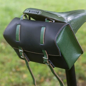 Large Genuine Leather Bicycle Bag Saddle Handlebar in BLACK GREEN 2021 model - Picture 1 of 10