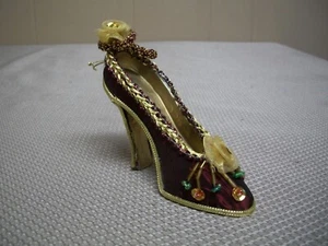 Silky Dark Red w Gold Trim Beads High Heel Shoe Hanging Christmas Ornament - Picture 1 of 11