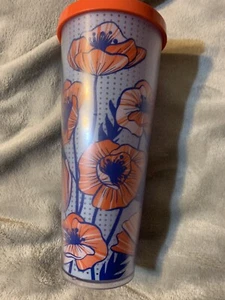 Starbucks 2017 Venti Poppy Floral Flower Cold Cup Tumbler 24 oz w/ Lid No Straw - Picture 1 of 5