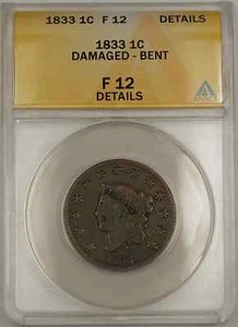 1833 Coronet Head Large Cent 1C Coin ANACS F 12 Details Damaged Bent - Picture 1 of 2