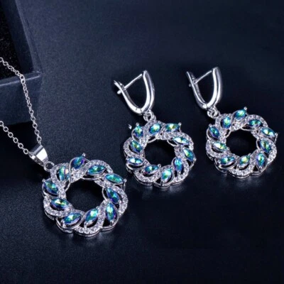 Conjuntos de joyas de flores suaves arco iris fuego topacio místico collares pendientes Foto 1 de 4