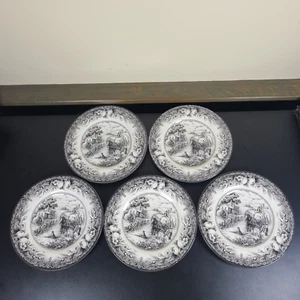 5-Pc Royal Stafford Hayride 8.5" Salad Plates - Black Transferware English Farm - Picture 1 of 12