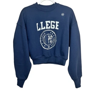 RECTO Llege Logo Sweatshirt College Cropped Navy Blue Cotton Women’s Pullover - Picture 1 of 6