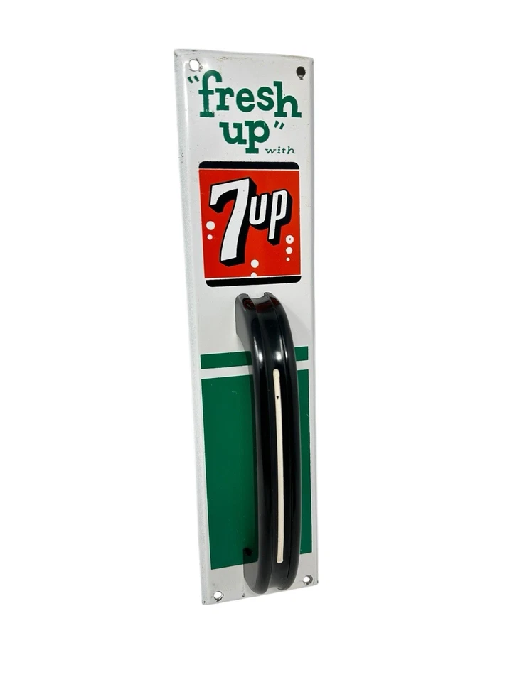 Vintage 7up Door Pull Advertising Fresh Up With 7 Up Nice Graphics Clean Cond.! - Image 1 of 4