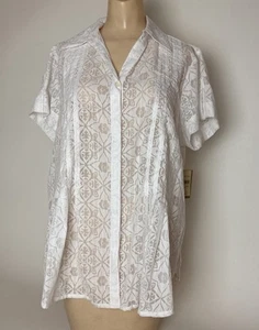 Coldwater Creek Sheer White Burnout tuck front Shirt Womens Size 1X short slv - Picture 1 of 15