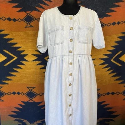 Vestido vintage dos anos 80 de algodão com botões. Bolsos. Grande. Boho. Casual. - Imagem 1 de 4