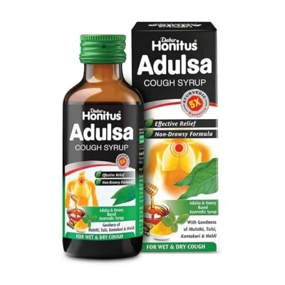 2 X 100 ml Ayurvédico Dabur Honitus Adulsa Jarabe para la Tos Alivio del Resfriado y el Dolor de Garganta Foto 1 de 4