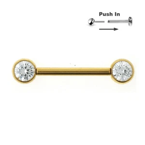 1,6mm Titan Gold Barbell Brustwarzen Piercing Stab push Pin große Kristalle - Bild 1 von 3