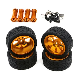 4PCS Gold Wheels Rim Hubs + Rubber Tires RC Car Metal Parts For Wltoys 144001 D - Picture 1 of 5