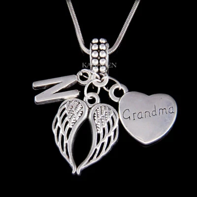 Iniziale Angelo Ali Cuore Love Nonna Famiglia Perdita Memoriale Collana Nuovo - Immagine 1 di 4