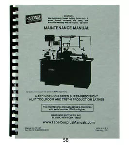 Hardinge Lathe Models HLV & TFB-H Maintenance Manual *58 - Picture 1 of 10