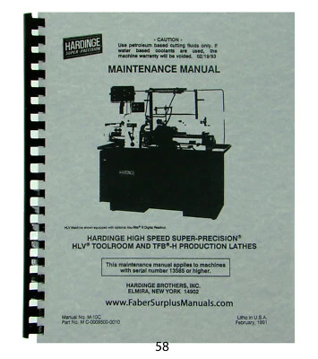 Hardinge Lathe Models HLV & TFB-H  Maintenance Manual *58 - Image 1 of 4