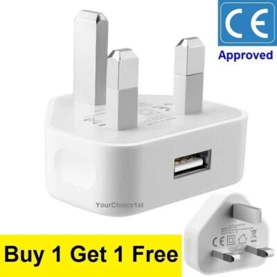 UK 3 Pin Mains Wall USB Charging Plug Wall Charger Adapter for iPhone Samsung - Image 1 of 3