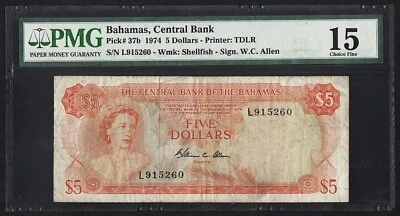 1974 Bahamas, Central Bank, 5 Dollars, Pick-37b, PMG 15 Choice Fine - Image 1 of 4