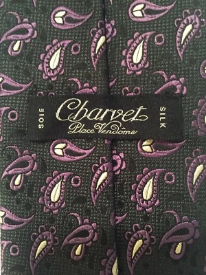 Corbata de seda tejida de cachemira negra y púrpura Charvet Place Vendome usada en excelente estado Foto 1 de 4