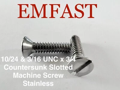 EMFAST 10/24 3/16 x 3/4 inch unc countersunk slotted machine screw stainless steel slot