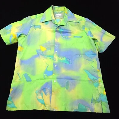 TORI RICHARD MENS VINTAGE CAMP SHIRT -L- AQUA BLUE GREEN PURPLE -POLY HAWAII USA - Image 1 of 4