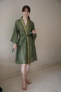 Pure Silk Midi Kimono Robe Knee Length Gown Silk Kimono Robe Green PS MKMO2070 - Picture 1 of 10