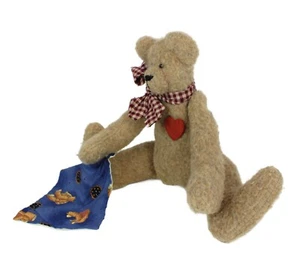 Teddy Bear Plush Folk Art Jointed with Red Wooden Heart and Blanket Vintage - Picture 1 of 5