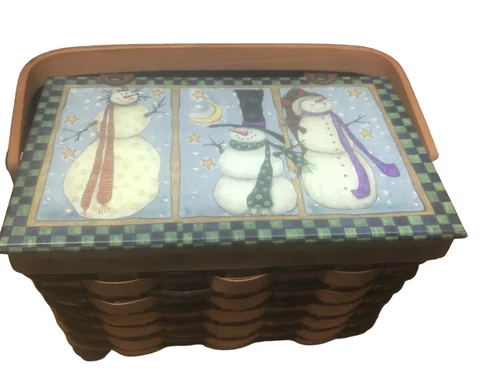 Vintage Miniature Picnic Basket With Handle Happy Snowman Lid 8.5 x 5.5 x 5.5 Cover