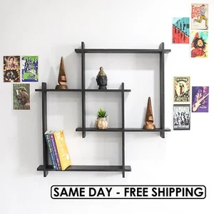 Modern Wooden Wall Shelf - Intersecting Grid Design - Floating Storage - Picture 1 of 16