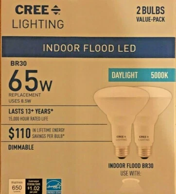 2 CREE LIGHT BULBS Indoor Flood LED BR30 65W 8.5 W Dimmable 5000k Daylight - Image 1 of 4