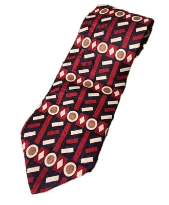 Barrington 男式丝绸领带红色蓝色白色几何图案 59 x 4 — 第 1/2 张图片