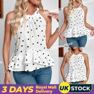 Women Polka Dot Tank Tops Vest Frilled Sleeveless Summer Beach Casual T-Shirt UK - Picture 1 of 22