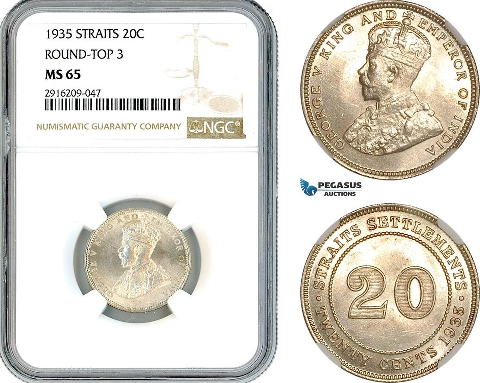 AK926, Straits Settlements, George V, 20 Cents 1935, Round-Top 3, Silver, NGC MS - Image 1 of 1