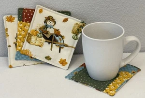 Fall Halloween Scarecrow Pumpkin Patchwork Reversible Drink Coaster Set of 4 - Picture 1 of 6