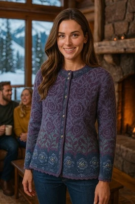 Vtg Icelandic Design Wool Blend Sweater Cardigan Jacket Floral Grandma Women XL - Image 1 of 4