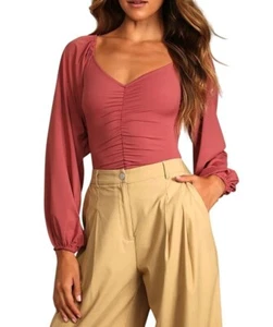 Lulus Certified Flirt Rusty Rose Ruched Long Sleeve Thong Bodysuit Size Small - Picture 1 of 12