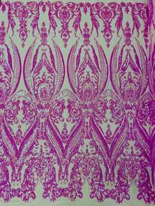 Damask Fabric - Candy Pink - Embroidered Design on Lace Mesh Fabric By Yard - Picture 1 of 4