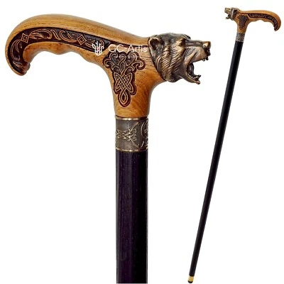 Bear Metal Walking Stick Bronze Cane Brass Light Wooden Handle Black Shaft men - Image 1 of 4