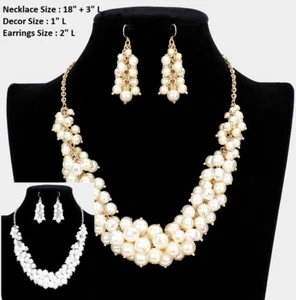 Ball Pearl Multi Bead Chain Strand Berry Dropped Charm Cluster Necklace Earrings - Picture 1 of 2