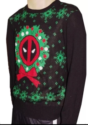 DEADPOOL Rojo Verde Negro Suéter Corona Feo Navidad Hombre’s L Tejido Marvel Divertido Foto 1 de 4