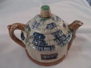Vintage Cottage Ware Tea Pot Japan 1940's Rustic Thatched Roof Brown Green Blue - Picture 1 of 5