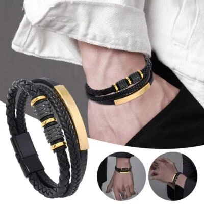 Men Retro Punk Titanium Steel Leather Multilayer Braided Rope Magnetic Bracelet⊙ - Image 1 of 4