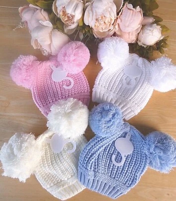 Bebé Niño Niña Blanco Rosa Azul Crema Acanulado Tejido Dos Pom-Poms Gorro Sombrero 0-3m Foto 1 de 4