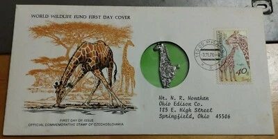 1976 WWF Czechoslovakia Giraffe Stamp FDC inlaid Giraffe Pewter Token - Image 1 of 4