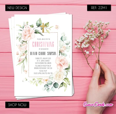 Christening Baptism Invitations, Floral Holy Communion Confirmation Boy & Girl - Image 1 of 4