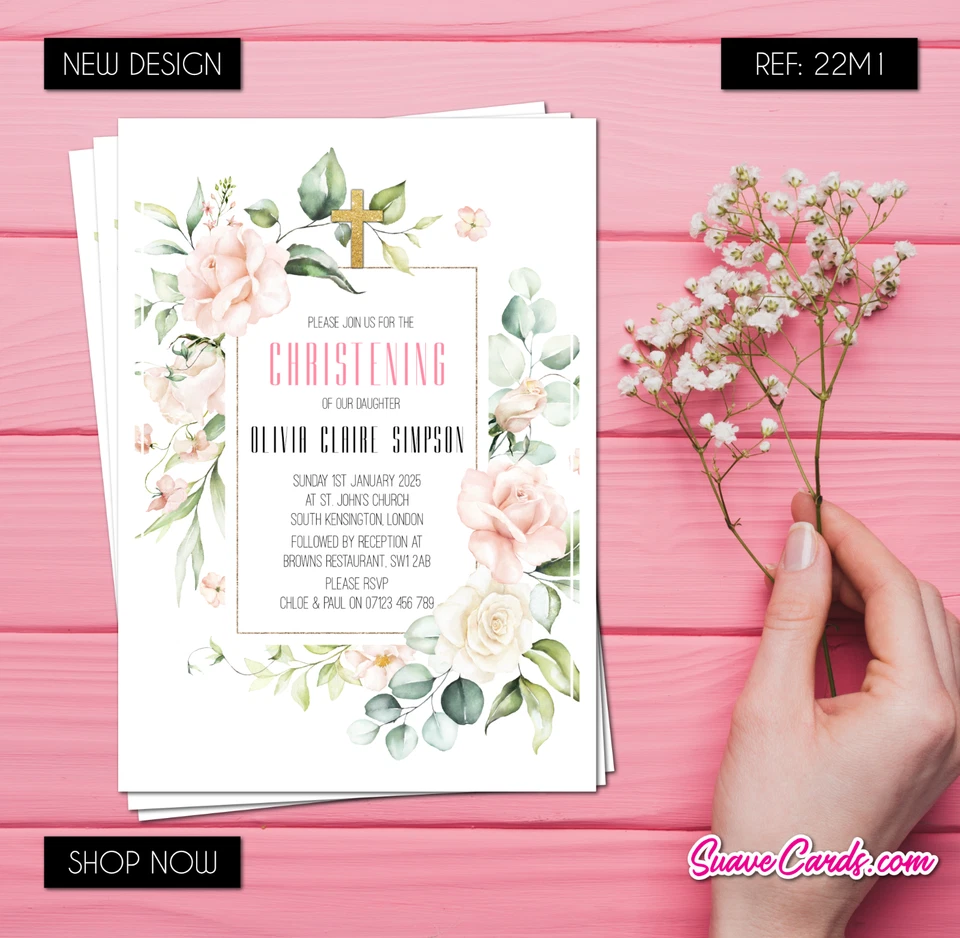 Christening Baptism Invitations, Floral Holy Communion Confirmation Boy & Girl - Image 1 of 4