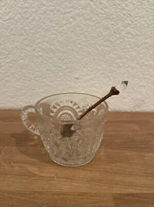 vintage Slewed Horseshoe Clear Pressed Glass Cup and Coffee Wand Mini Spoon - Picture 1 of 10