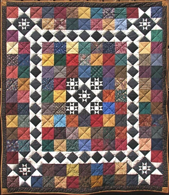 手工手工绗缝翻领或被子 64"x74" 多色黑色白色星星 — 第 1/3 张图片