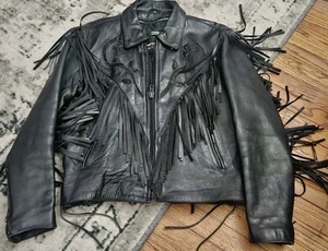 Wilsons Thinsulate Black Leather Rose Aplique Fringe Biker Jacket Womens Medium  - Picture 1 of 19
