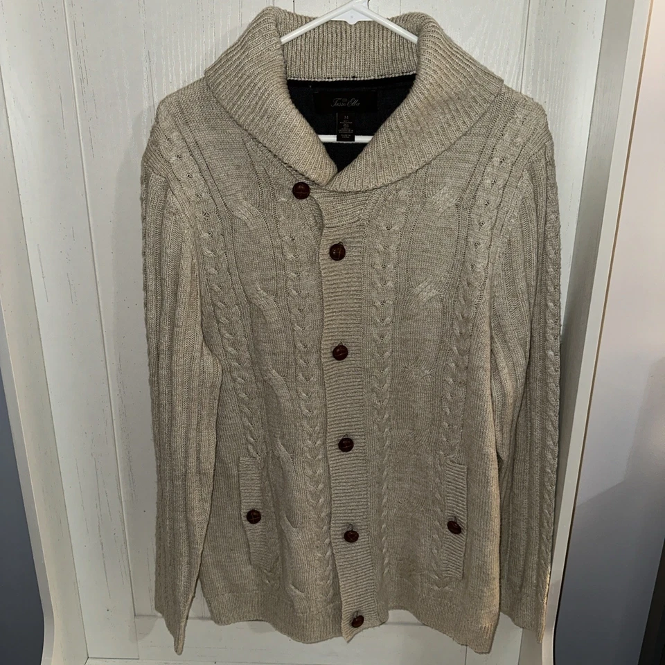 Tasso Elba Cardigan Sweater Wool Blend Cable Knit Mock Neck Size Medium Beige - Image 1 of 4