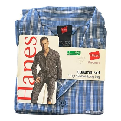 Conjunto de pijama vintage nuevo en paquete Hanes para hombre M azul a cuadros 2 piezas con botones superior Foto 1 de 4