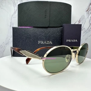 New PRADA Sunglasses Gold Metal Oval Round Brown Symbole Logo Green Lens Women’s - Picture 1 of 22