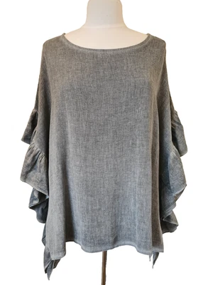 Italian Lagenlook Top washed linen grey Ruffle sleeve Tunic One Size UK 10-16 - Image 1 of 4