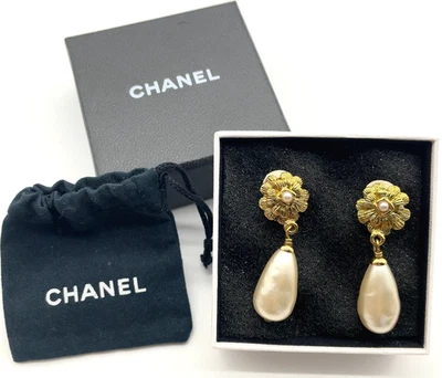 Auth Chanel Camellia Pearl 95P Gold x White Earrings W/Box/Dustbag TF100040 - Image 1 of 4